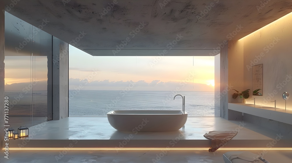 Fototapeta premium A modern and minimalist bathroom, floor-to-ceiling glass wall, modern bathtub, Ocean View Room, Sunny. For design, 3d render, decoration, lifestyle