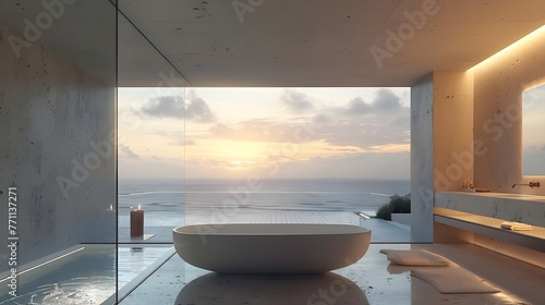 A modern and minimalist bathroom, floor-to-ceiling glass wall, modern bathtub, Ocean View Room, Sunny. For design, 3d render, decoration, lifestyle photo