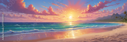 A beautiful beach scene with a sunset, ocean waves, and a sky filled with clouds.