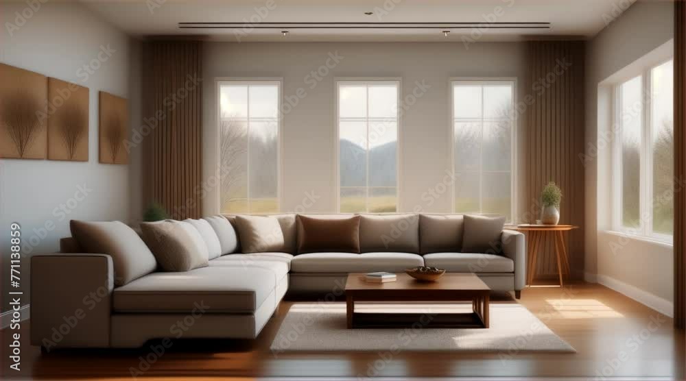 Modern living room interior with sofa and contemporary furniture in a comfortable home design and a window with plenty of natural light. Modern living room interior with sofa and contemporary furniture in a comfortable home design and a window with plenty of natural light.