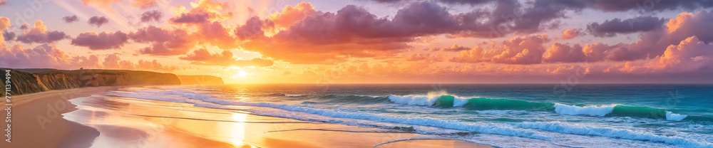 A beautiful beach scene with a sunset over the ocean. The sun is setting, casting a warm glow on the water and the sand. The waves are crashing onto the shore, creating a serene atmosphere.