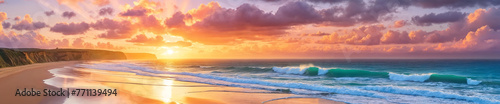 A beautiful beach scene with a sunset over the ocean. The sun is setting  casting a warm glow on the water and the sand. The waves are crashing onto the shore  creating a serene atmosphere.