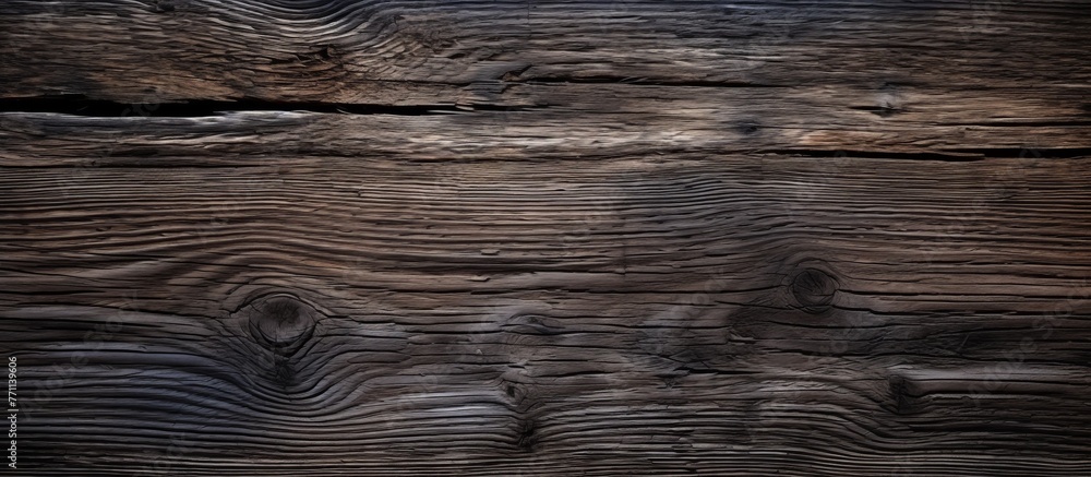 A detailed closeup of a brown hardwood surface with visible knots and grain patterns, resembling soil or bedrock outcrop