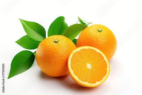 Fresh Oranges with Green Leaves on a White Background, Vitamin C Boost.
