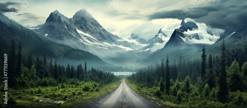 An asphalt road winds through a lush forest with towering mountains in the background under a sky dotted with fluffy clouds