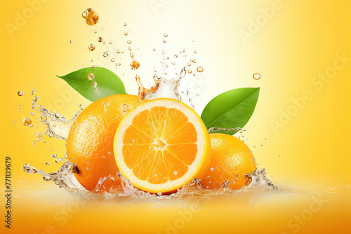 Half Sliced Orange Falling into Water with a Splash on a Yellow Background.