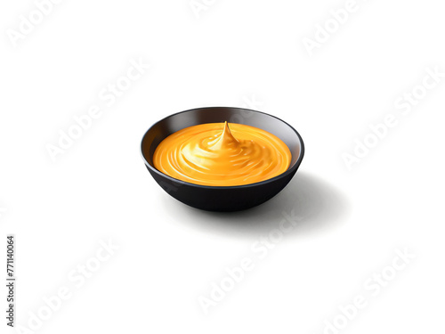 small black bowl of nacho cheese dip isolated