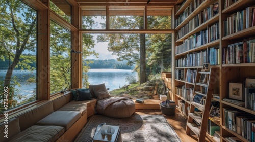 A cozy reading nook with a floor-to-ceiling bookshelf and a view of a tranquil lake AI generated illustration