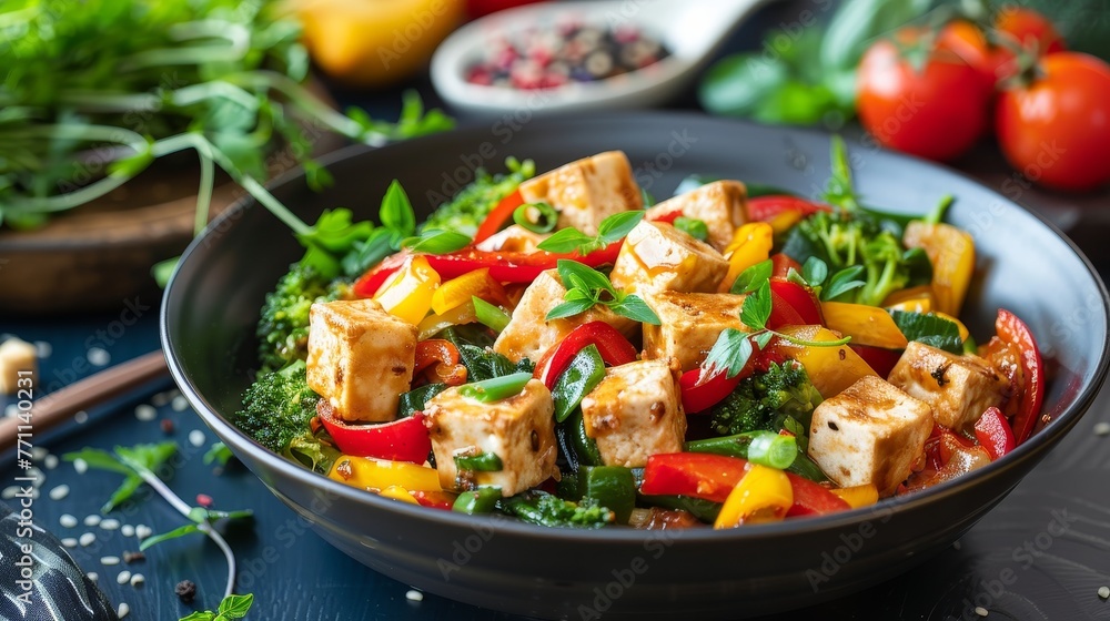 A depiction of a vegetarian stir-fry with tofu and seasonal vegetables AI generated illustration A depiction of a vegetarian stir-fry with tofu and seasonal vegetables AI generated illustration