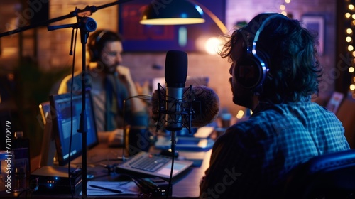 Podcast Studio Vibes Cinematic shots of podcast hosts and guests recording in-studio capturing the intimate atmosphere and behind-the-scenes interac  AI generated illustration photo
