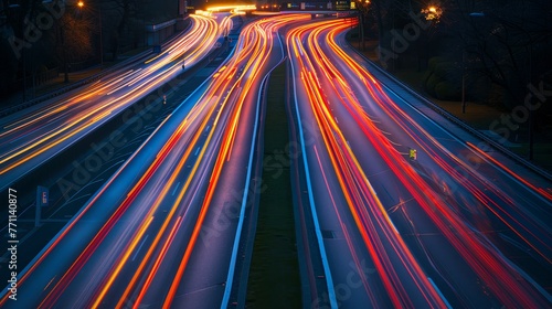 Twilight Traffic Trails Professional captures of traffic trails during twilight hours with long exposures creating streaks of light from passing veh AI generated illustration photo