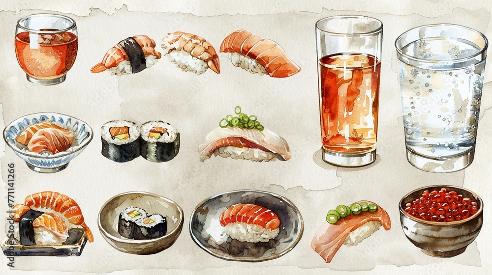 Collection of handpainted Japanese culinary elements, sushi, bento, and sake, watercolor illustrations , high resolution DSLR, 8K, high detailed, super detailed , ultra HD, 8K resolution , up32K HD Collection of handpainted Japanese culinary elements, sushi, bento, and sake, watercolor illustrations , high resolution DSLR, 8K, high detailed, super detailed , ultra HD, 8K resolution , up32K HD