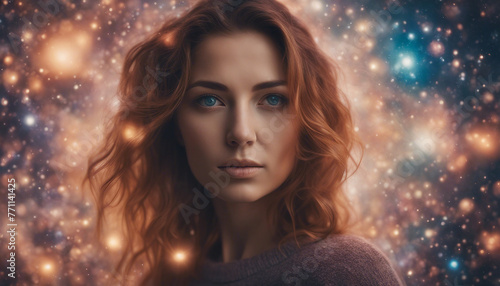 a woman with eyes made of swirling galaxies, conveying a sense of cosmic wonder.