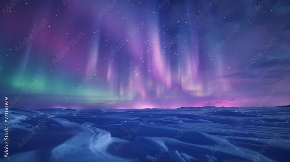 A blanket of snow covering the ground mirroring the iridescent colors of the Northern Lights above like a canvas painted by nature. . .