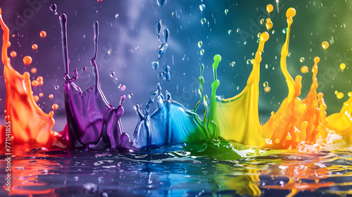 Vibrant color splash with reflective water drops, a dynamic dance of hues.