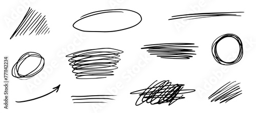 Scratch pen line scribble pencil vector. Scratch texture, pen line sketch mark, brush stroke. Hand drawn doodle grunge graffiti texture marker stroke. Pencil scrawl effect. Vector illustration photo
