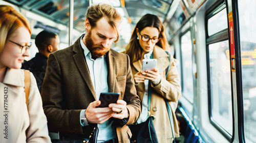 Capture business professionals in the urban commute, engaging with each other and their devices
