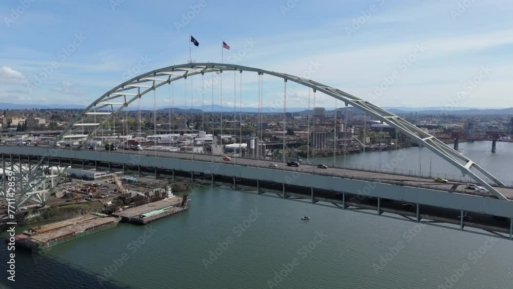flying clockwise alongside Fremont Bridge in Portland Oregon flying clockwise alongside Fremont Bridge in Portland Oregon
