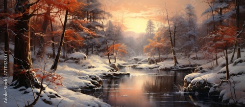An art piece depicting a river winding through a snowy forest at sunset, with the sky painted in hues of orange and pink, creating a magical and serene atmosphere