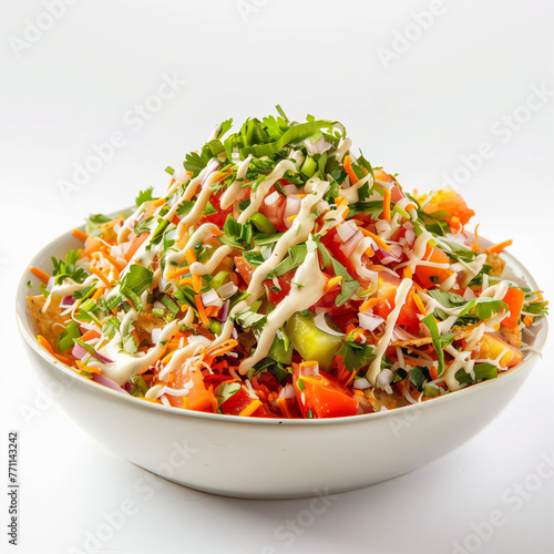Authentic Indian street-style nachos with a colorful array of veggies, captured in a side shot