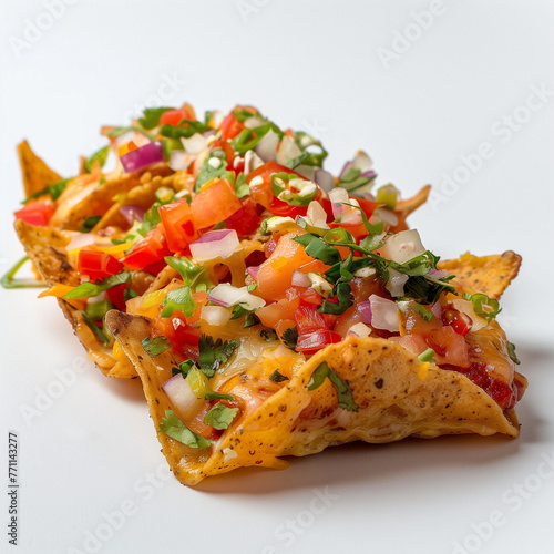 Vibrant side shot of Indian street-style nachos loaded with veggies, bursting with flavor