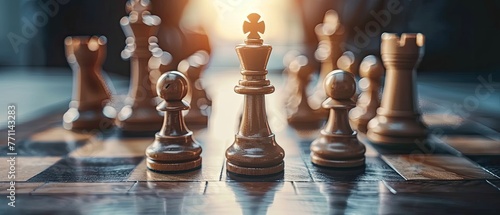 A detailed shot of a chessboard with chess pieces strategically positioned symbolizing business strategy and planning