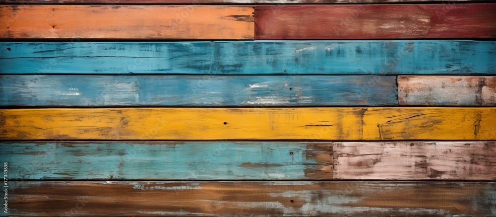 A closeup of a vibrant wooden wall with a rectangular pattern in electric blue and other tints and shades, showcasing the beauty of this building material A closeup of a vibrant wooden wall with a rectangular pattern in electric blue and other tints and shades, showcasing the beauty of this building material