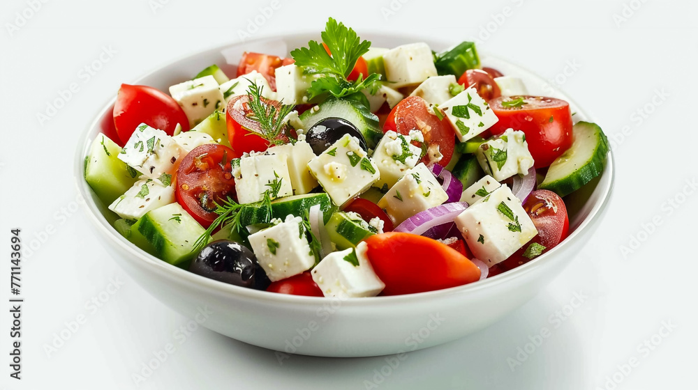 greek salad in plate isolated on white background