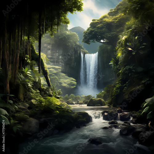 A majestic waterfall in a lush tropical rainforest