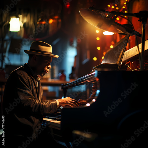 A musician playing an instrument in a dimly lit jazz club © Cao