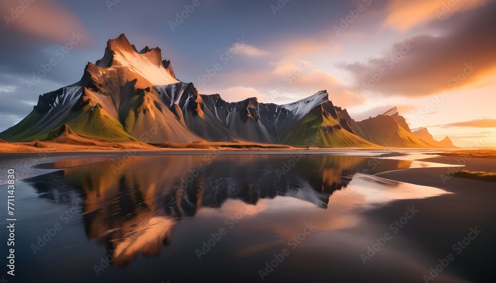 Vestrahorn mountaine on Stokksnes cape in Iceland during sunset. Amazing Iceland nature seascape. popular tourist attraction. Best famouse travel locations. Scenic Image of Iceland - obrazy, fototapety, plakaty 