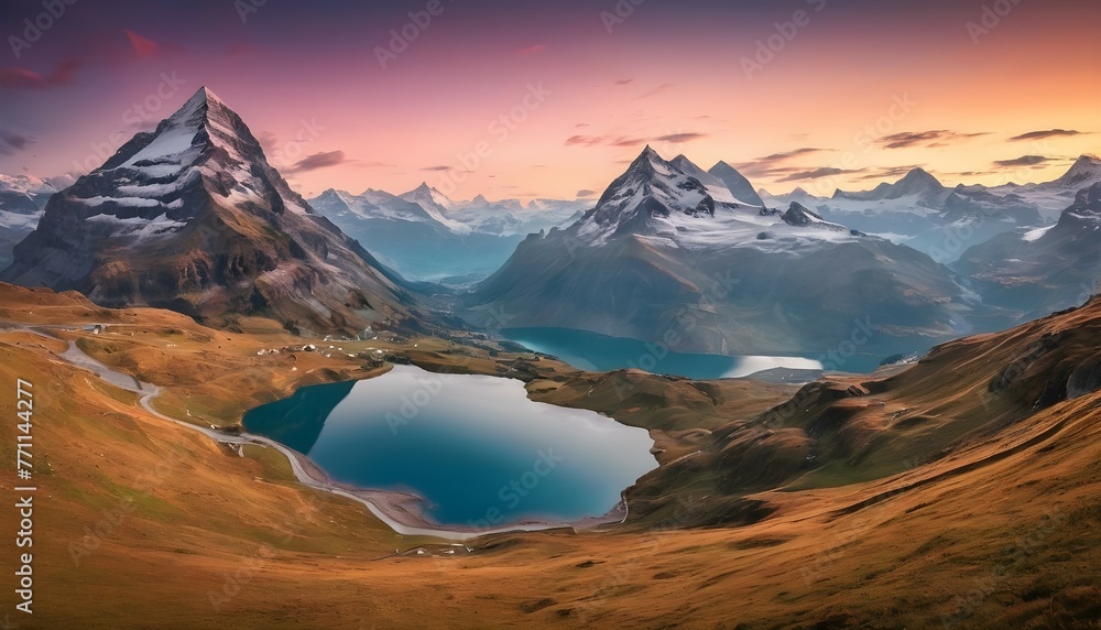 Fantastic evening panorama of Bachalp lake / Bachalpsee, Switzerland. Picturesque autumn sunset in Swiss alps, Grindelwald, Bernese Oberland, Europe. Beauty of nature concept background.