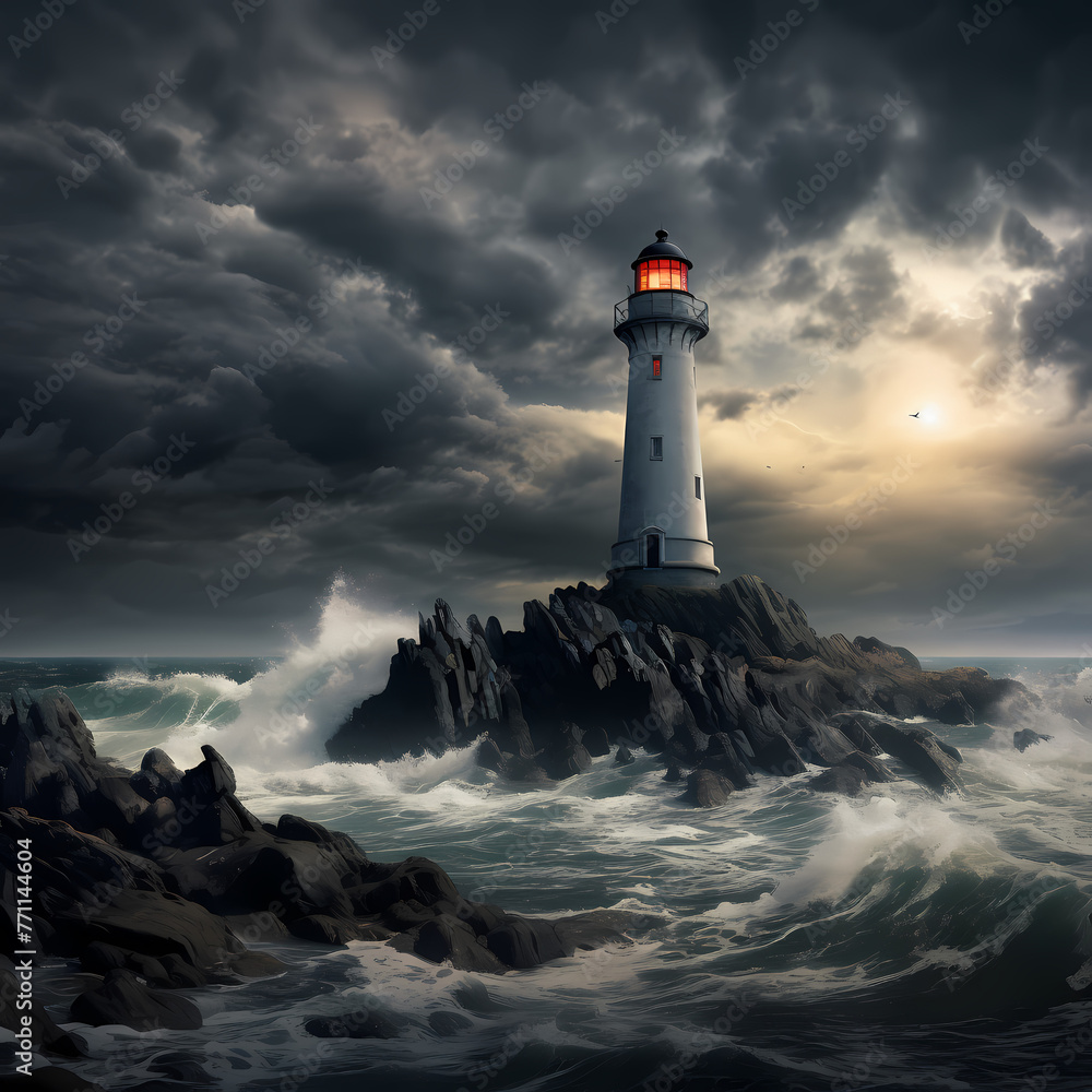 A serene coastal lighthouse against a stormy sky. 