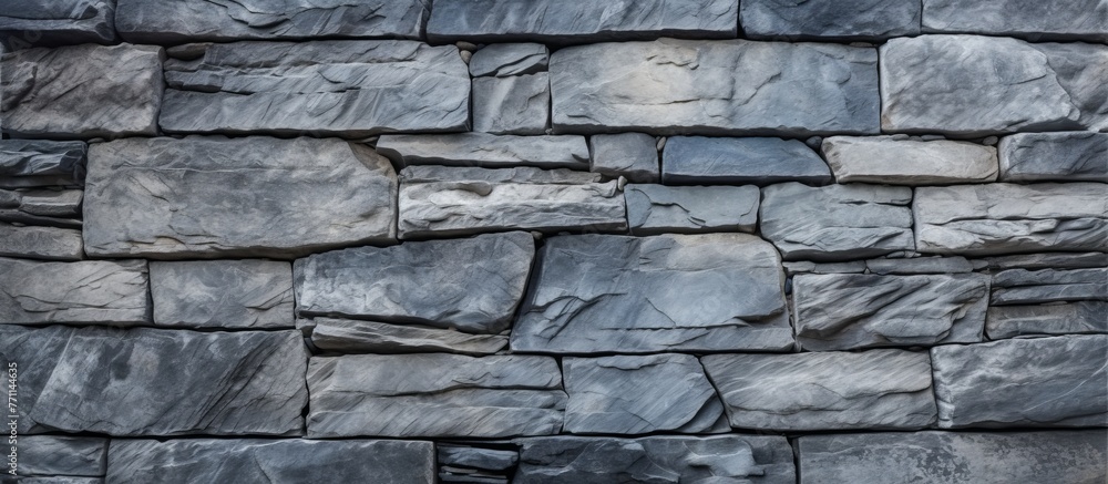 A detailed closeup of a grey stone wall composed of rectangular bricks, showcasing the intricate pattern of the composite building material A detailed closeup of a grey stone wall composed of rectangular bricks, showcasing the intricate pattern of the composite building material