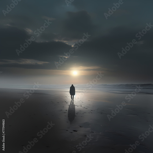 A solitary figure walking along a deserted beach. 