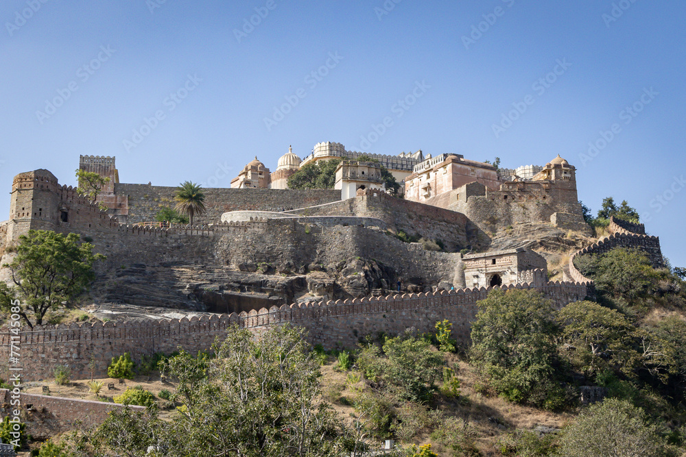 ancient fort ruins with bright blue sky from unique perspective at morning