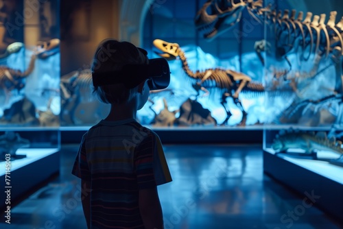 A young, curious child is immersed in a prehistoric world through virtual reality, standing in awe before the towering skeletons of ancient dinosaurs on display. 