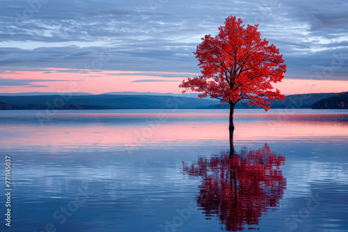 Lone red tree and reflection in the water of a tranquil lake, serene colorful landscape near sunset