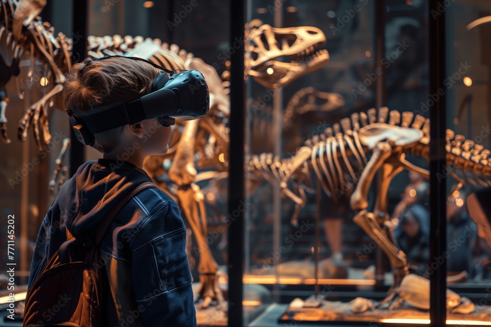 A young, curious child is immersed in a prehistoric world through virtual reality, standing in awe before the towering skeletons of ancient dinosaurs on display.  - obrazy, fototapety, plakaty 