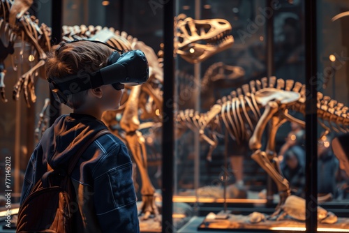 A young  curious child is immersed in a prehistoric world through virtual reality  standing in awe before the towering skeletons of ancient dinosaurs on display. 