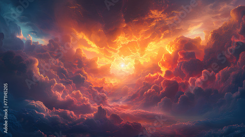 A stunning visual spectacle displaying the sun setting amidst a sea of clouds, painted with fiery orange and red hues