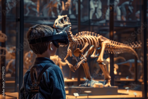 A young  curious child is immersed in a prehistoric world through virtual reality  standing in awe before the towering skeletons of ancient dinosaurs on display. 