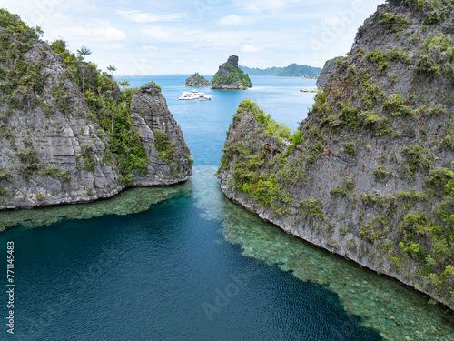 The limestone islands of Balbalol, fringed by reef, rise from Raja Ampat's tropical seascape. This region is known as the heart of the Coral Triangle due to the high marine biodiversity found there. © ead72