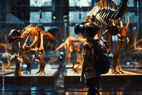 A young, curious child is immersed in a prehistoric world through virtual reality, standing in awe before the towering skeletons of ancient dinosaurs on display.  © Peeradontax