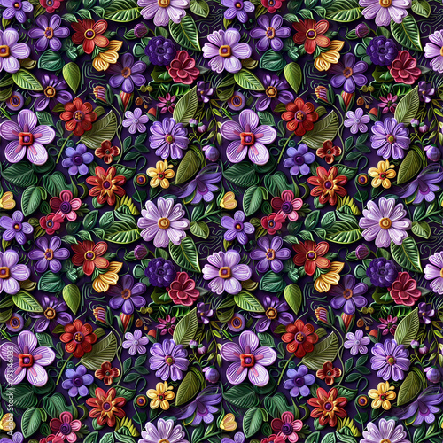 Floral embroidery from knitting wool, seamless pattern.