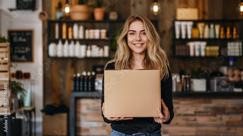 Hair salon stylist holding a delivered box, beauty business shipping photo