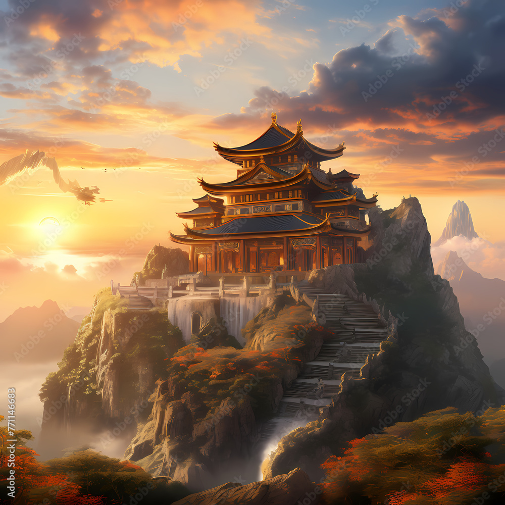 Fototapeta premium An ancient temple on a mountaintop with a sunset background
