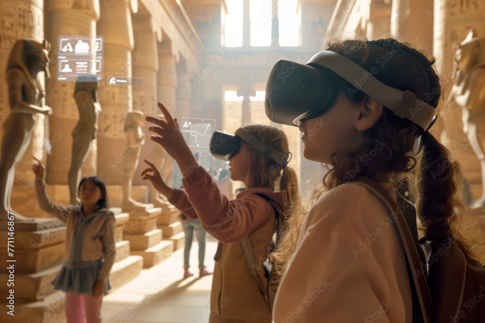 A group of children, equipped with virtual reality headsets, is immersed in a vivid simulation of an ancient Egyptian temple. A group of children, equipped with virtual reality headsets, is immersed in a vivid simulation of an ancient Egyptian temple.