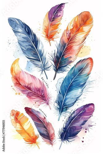 Bohoinspired feather set, handdrawn in delicate Japanese watercolor style, capturing the essence of free spirit and nature , high resolution DSLR, 8K, high detailed, super detailed , ultra HD, 8K reso photo