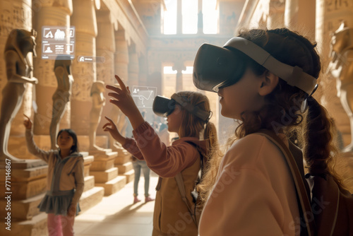 A group of children, equipped with virtual reality headsets, is immersed in a vivid simulation of an ancient Egyptian temple.